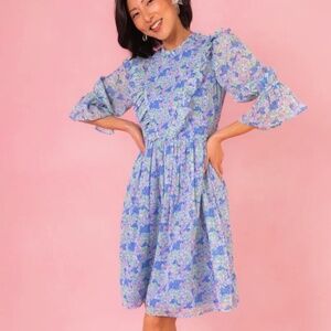 NWT Ivy City Co. Monet Blue Pink Green Floral Ruffle Midi Dress Size 16W